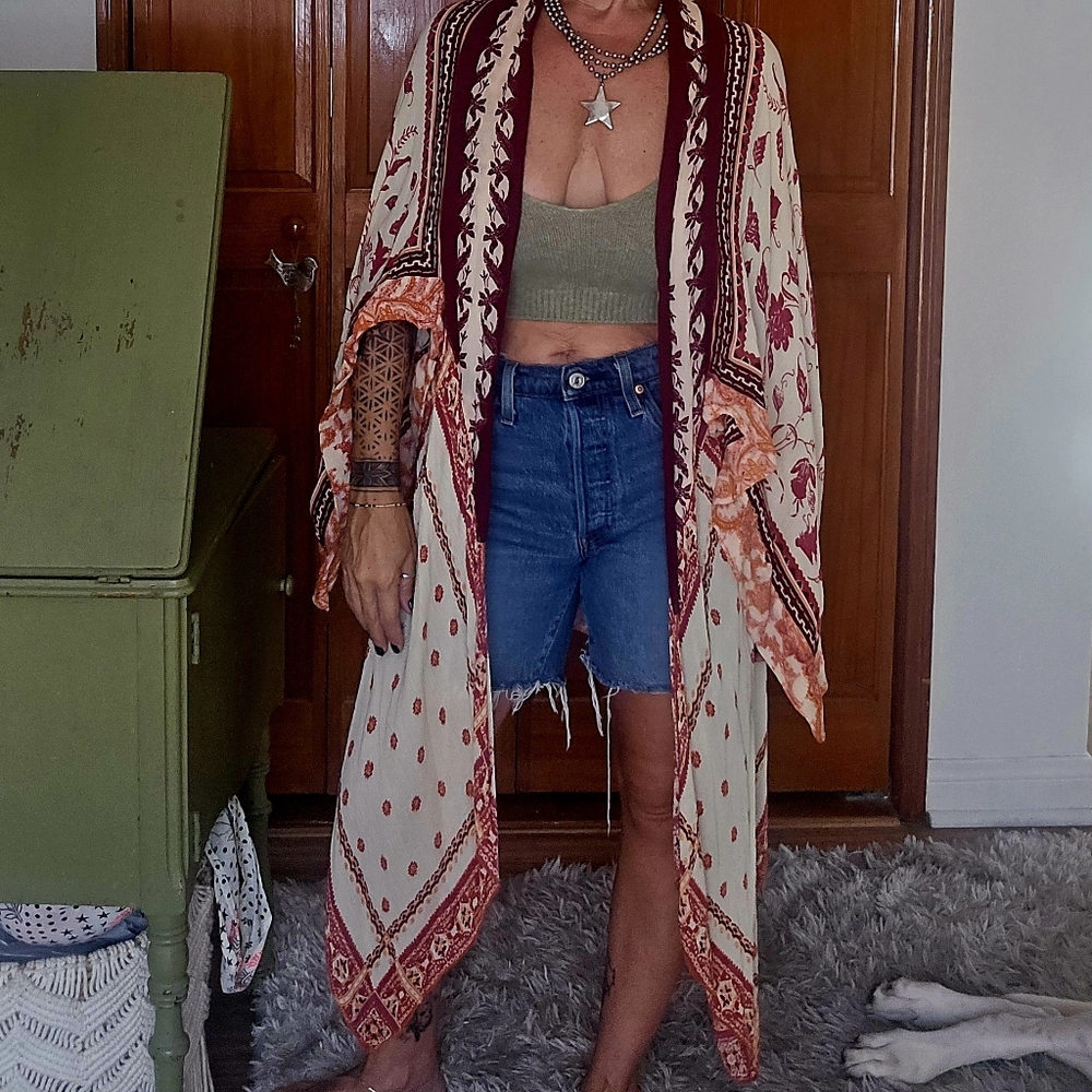 Free People Burgundy and Cream Floral Kimono